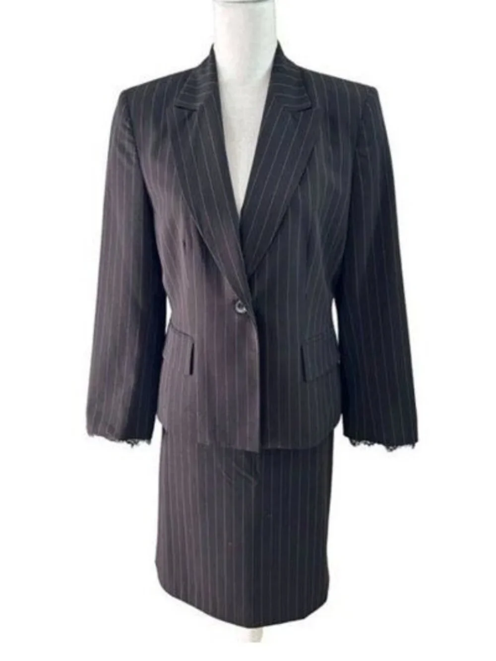 Kasper Petite 2-Piece Skirt Suit - Black & Pink Stripe with Lace Size 12P